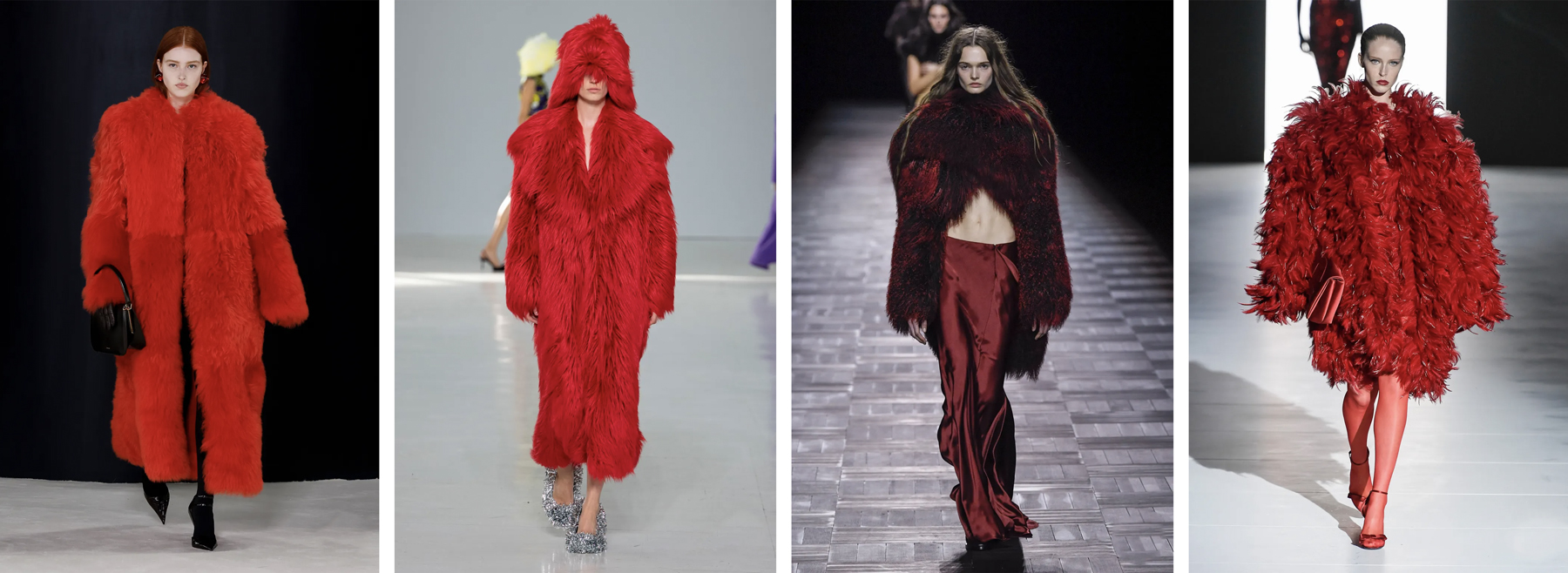 Furry pieces from the FW23 catwalks. From left to right, looks by Maximilian Davis for Ferragamo, MSGM by Massimo Giorgetti, Ann Demeulemeester by Ludovic De Saint Sernin, Dolce&Gabbana
